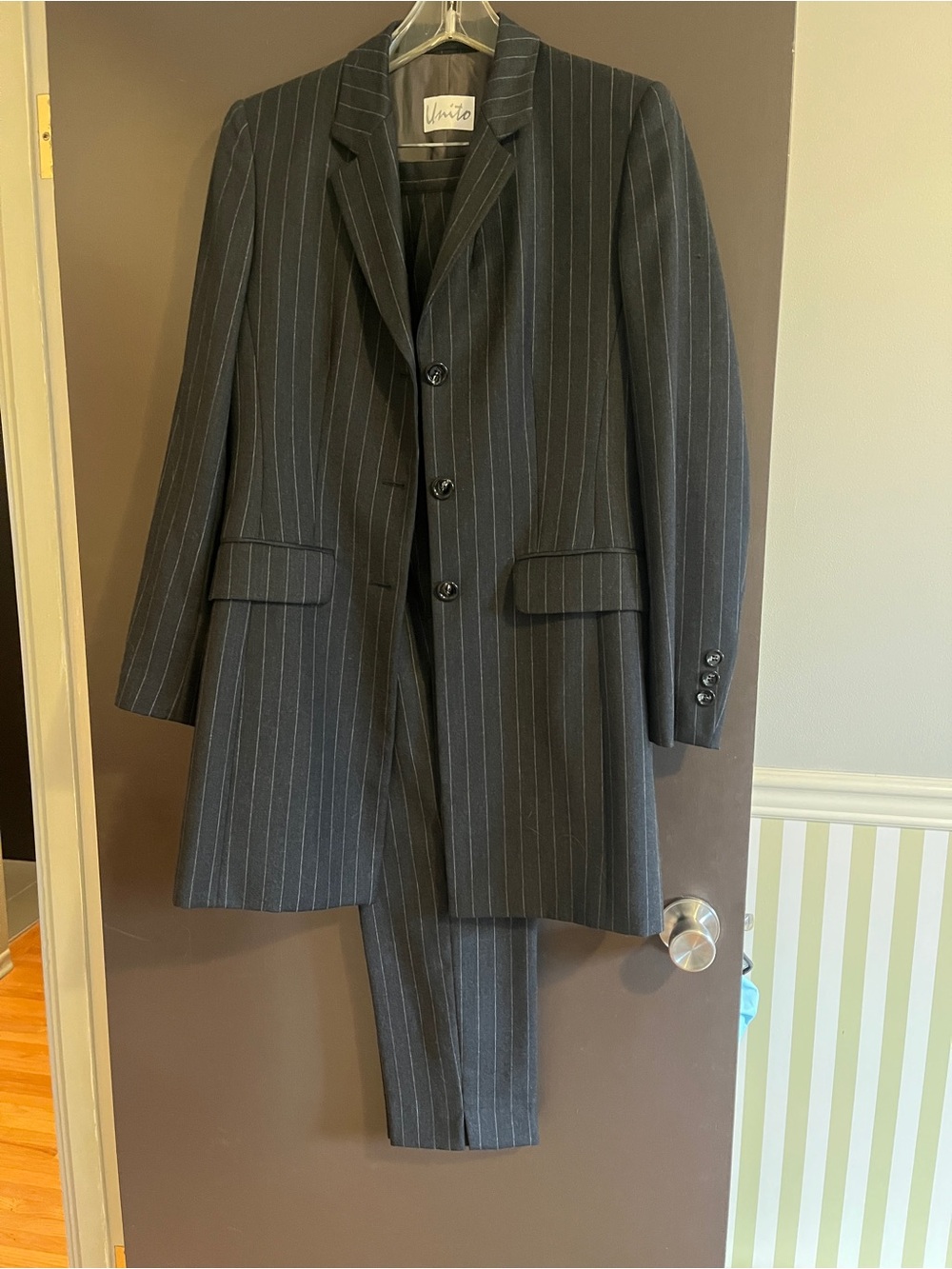 Women's Charcoal Wool Pinstripe Suit Jacket and Trousers